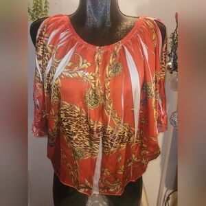 Suzy Shier Short Batwing Cold Shoulder Top In Orange and Yellow S